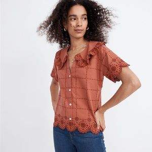 Madewell Embroidered Eyelet Collared Shirt in Brick